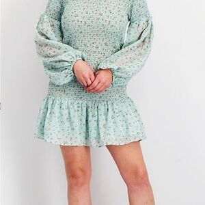 ASOS Shirred Floral Print Mini Dress, Light Sage Green
SIZE L